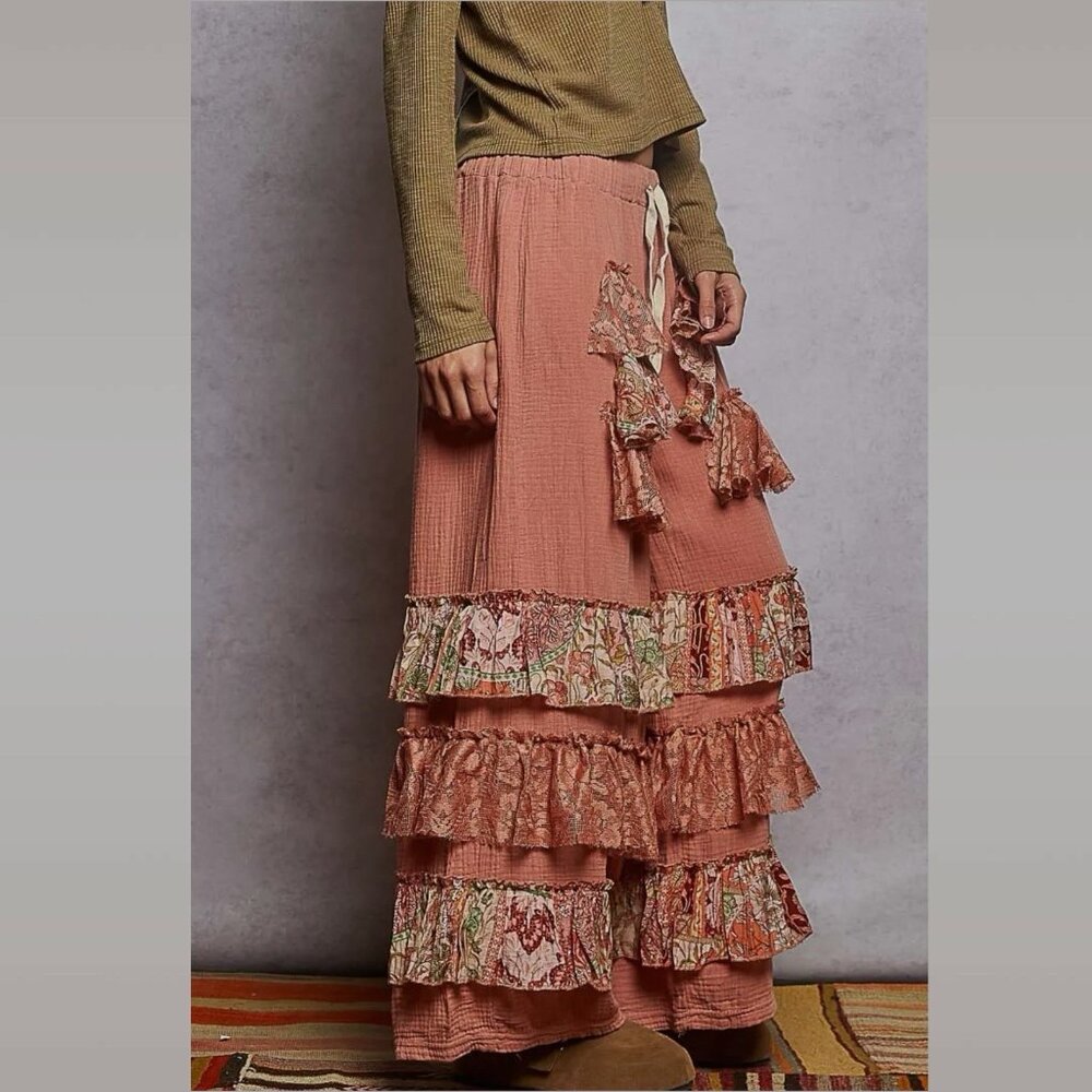 POL Flowy Wide Leg Palazzo Ruffle Salmon Pink Pants Boho Western Size L Gauze - Picture 3 of 11